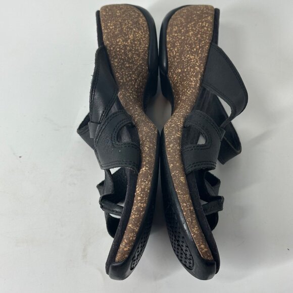 Womens Merrell Black Leather Strappy Cork Sandals Slip-On Size 9M Comfortable Ca - Picture 2 of 5